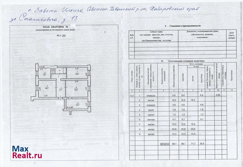 городское поселение Рабочий Посёлок Заветы Ильича, посёлок городского типа Заветы Ильича, улица Станюковича, 13 Заветы Ильича квартира